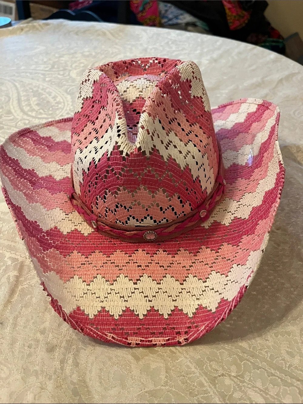Bullnose Teenage Dream Girls Pink Chevron Straw Cowboy Hat Western EUC